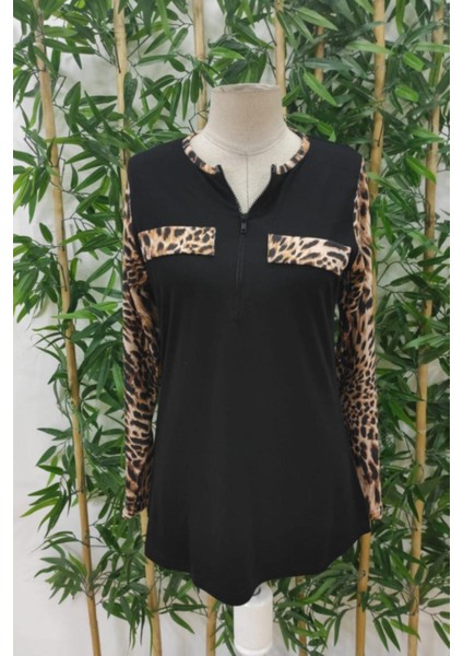 Leopar Kol Detaylı Fermuarlı Yaka Cepli Viskon Bluz - Siyah fırsatları