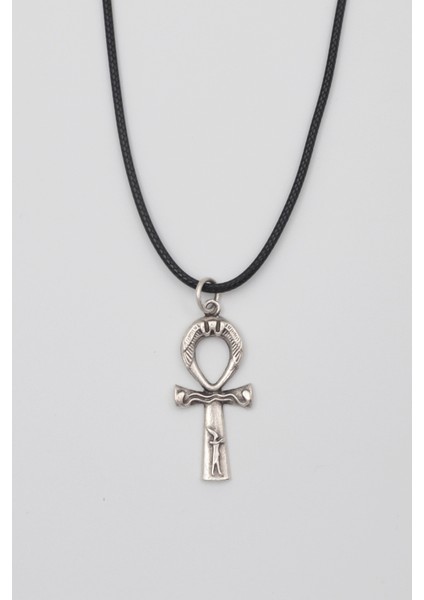 Ankh Yaşam Kolye - PU Deri İp Zincirli Unisex Gümüş Kaplama Mısır Sembolü - 60 cm