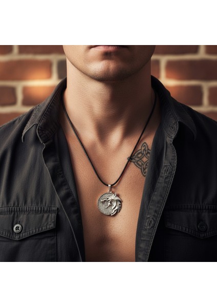 Witcher 3 Madalyon Gümüş Kaplama Deri İp Kolye