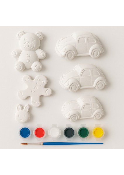 6'lı Mini Figür Boyama Seti – Araba, Ayıcık, Tavşan ve Daha Fazlası + Akrilik Boya ve Fırça Hediyeli