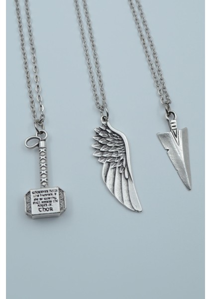 3'lü Thor Çekiç Büyük Kanat Triagle Ok Ucu Gümüş Kaplama Kolye Seti