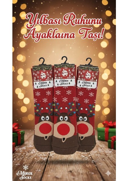 Unisex Yılbaşı Çorabı Noel Baba Geyik Desenli 3'lü Paket