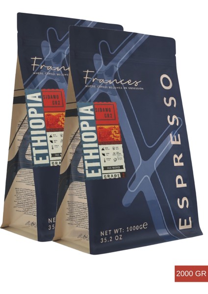 Arabica Ethiopia Espresso | Orta-Koyu Kavurma | Çekirdek Kahve | 2x1000gr | Orta Gövde, Dolgun Tat