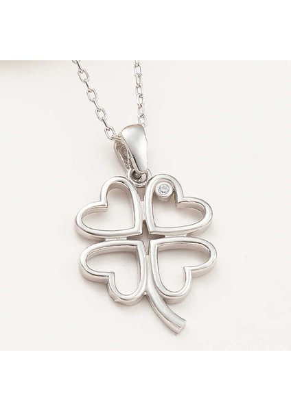 925 Ayar Gümüş Kalpli Dört Yapraklı Yonca Kadın Kolye T7965 (972972)