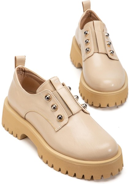 Kadın Casual Günlük Ayakkabı Bej Kırışık Rugan Kalın Taban Bağsız