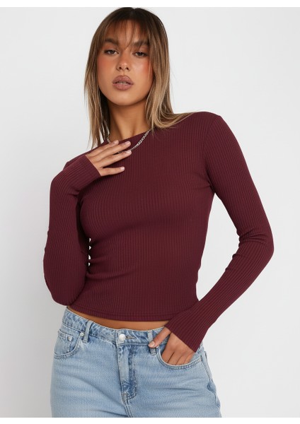 Bisiklet Yaka Uzun Kollu Fitilli Crop Bluz