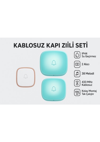 MDS Kablosuz Kapı Zili Seti – 2 Alıcılı, IP44 Su Geçirmez, 38 Melodi, Tak-Çalıştır Doorbell