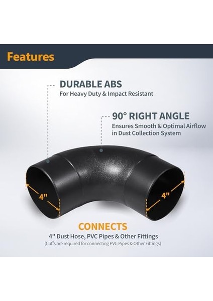 70105 Açılı Toz Hortumu Bağlantısı, 10,2 Cm, 90 Derece Açı, Siyah