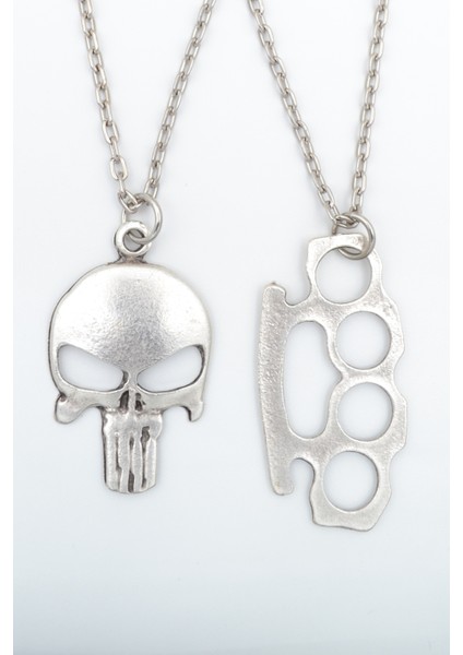2'li Punisher - Cezalandırıcı - Muşta Gümüş Kaplama Kolye Seti