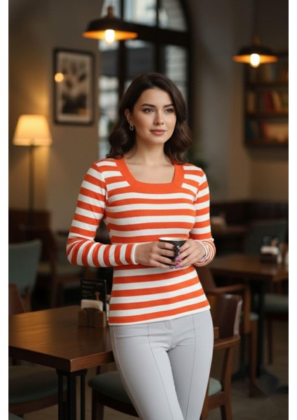 Kare Yaka Çizgili Triko Bluz Turuncu