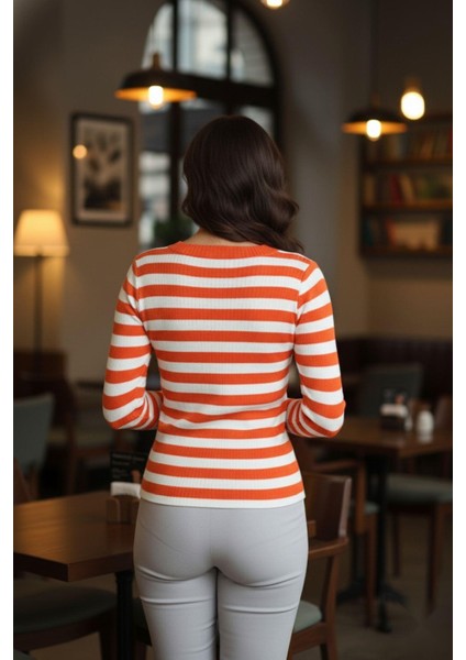 Kare Yaka Çizgili Triko Bluz Turuncu fiyatları