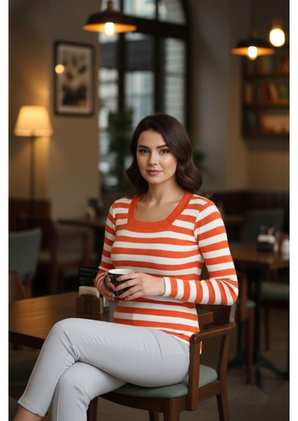 Kare Yaka Çizgili Triko Bluz Turuncu modelleri