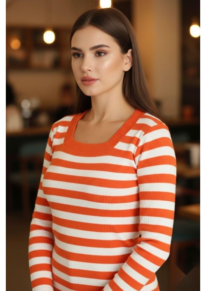 Kare Yaka Çizgili Triko Bluz Turuncu fırsatları