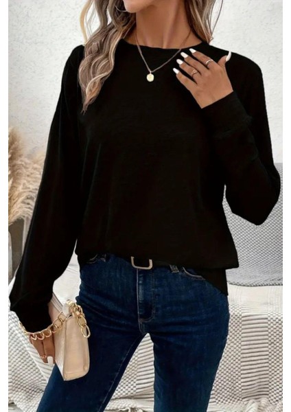 Yuvarlak Yaka Basic Uzun Kollu Bluz - Siyah