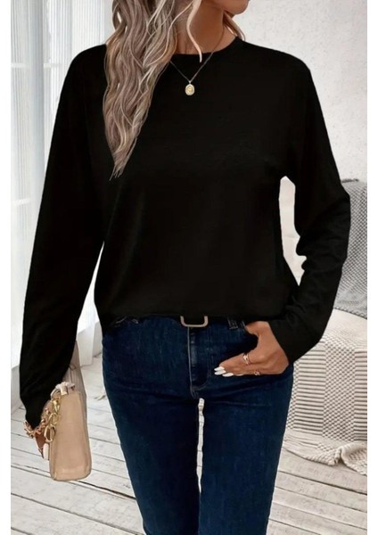Yuvarlak Yaka Basic Uzun Kollu Bluz - Siyah fiyatları