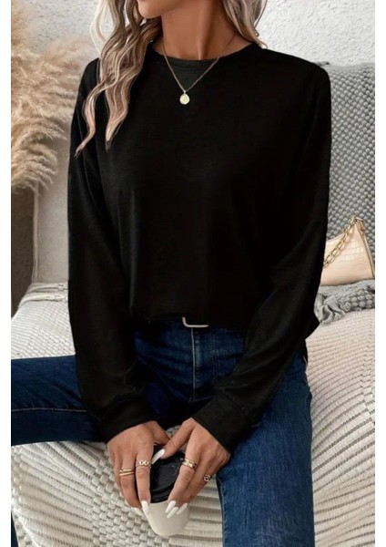 Yuvarlak Yaka Basic Uzun Kollu Bluz - Siyah modelleri