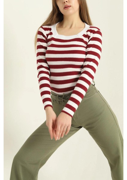 Kare Yaka Çizgili Triko Bluz Bordo
