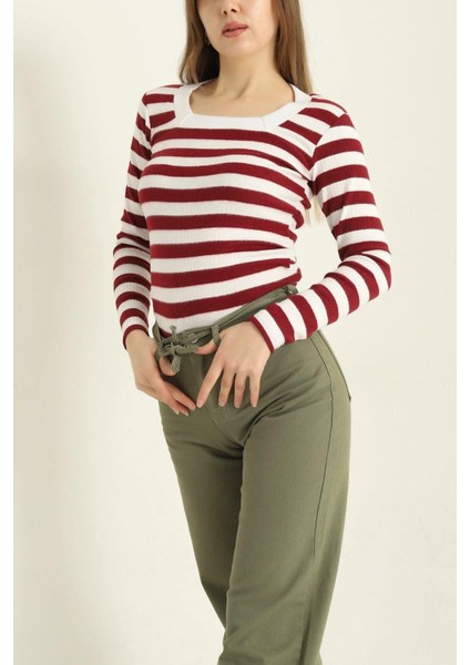 Kare Yaka Çizgili Triko Bluz Bordo fiyatları