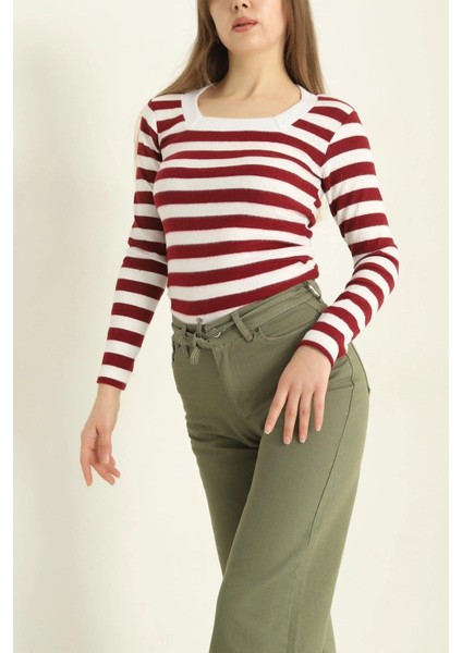 Kare Yaka Çizgili Triko Bluz Bordo modelleri