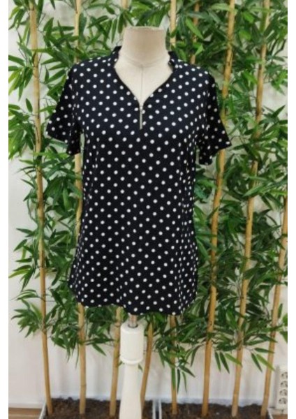 Fermuar Detaylı Puantiyeli Siyah Bluz modelleri