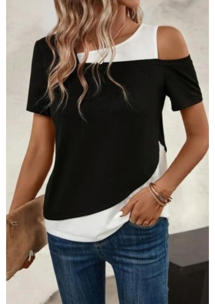 Asimetrik Yaka Detaylı Iki Renkli Viskon Bluz - Siyah