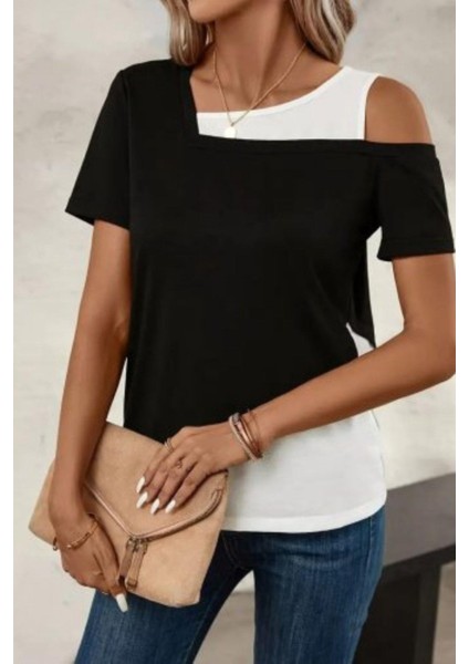 Asimetrik Yaka Detaylı Iki Renkli Viskon Bluz - Siyah fiyatları