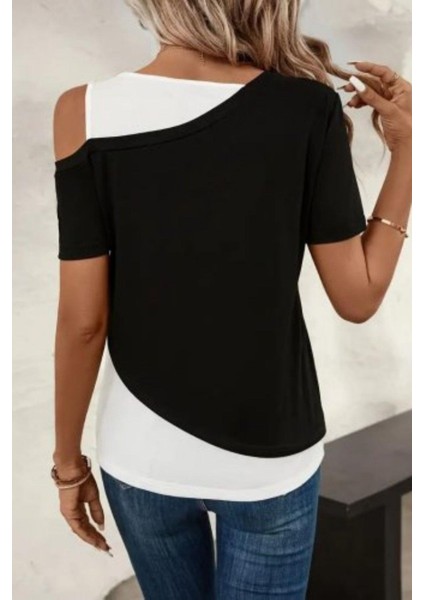 Asimetrik Yaka Detaylı Iki Renkli Viskon Bluz - Siyah modelleri