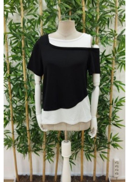 Asimetrik Yaka Detaylı Iki Renkli Viskon Bluz - Siyah fırsatları