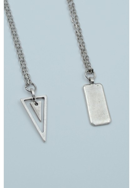 2'li Sallantılı Üçgen Dikdörtgen Bar Gümüş Kaplama Kolye Seti