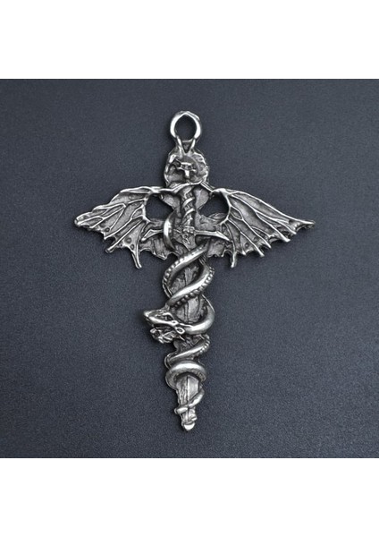 Gotik - Kılıç Yılan Yarasa Gümüş Kaplama Kolye Ucu
