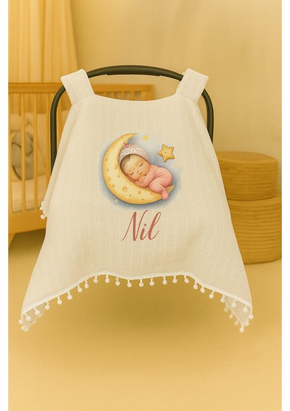 Kişiye Özel Ay ve Yıldız Temalı Puset Örtüsü - Isimli Bebek Araba Örtüsü