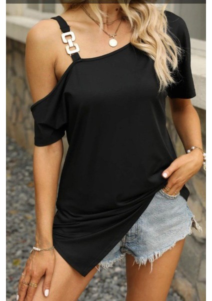 Asimetrik Kesim Toka Detaylı Viskon Bluz - Siyah fiyatları