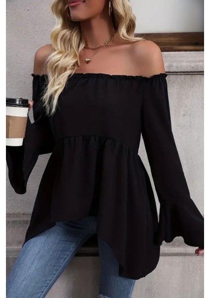 Madonna Yaka Ispanyol Kol Viskon Bluz - Siyah