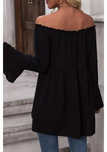 Madonna Yaka Ispanyol Kol Viskon Bluz - Siyah modelleri