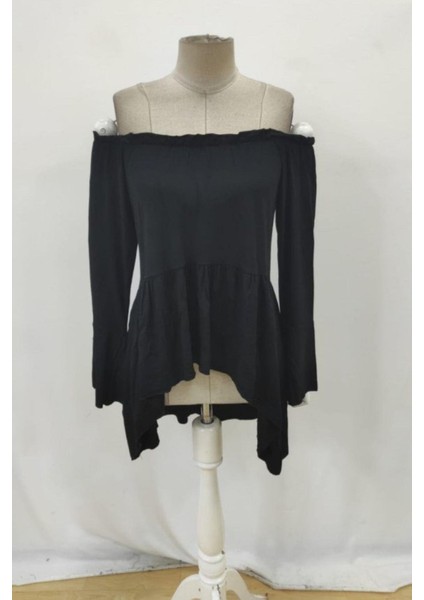 Madonna Yaka Ispanyol Kol Viskon Bluz - Siyah fırsatları