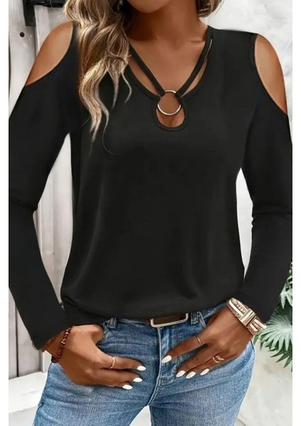 Omuzu Açık Halka Detaylı Viskon Bluz - Siyah