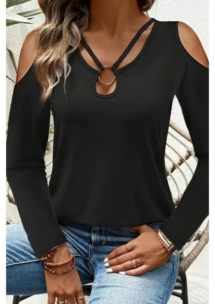 Omuzu Açık Halka Detaylı Viskon Bluz - Siyah fiyatları