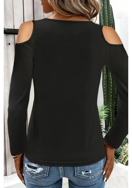 Omuzu Açık Halka Detaylı Viskon Bluz - Siyah modelleri