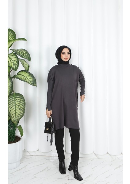 Düğme Detaylı Merserize Tunik