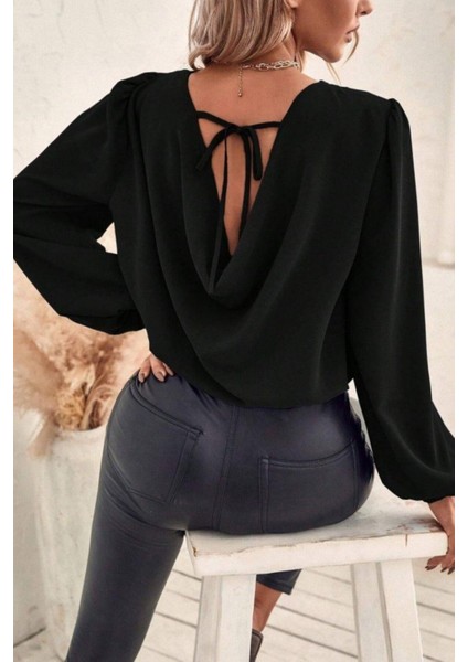 Sırtı Bağlamalı Ithal Krep Bluz - Siyah fiyatları