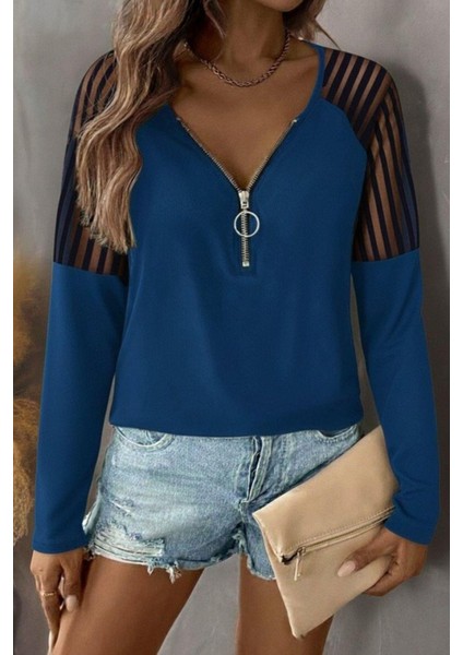 Uzun Kollu Fermuarlı Viskon Bluz - Petrol Yeşili fiyatları