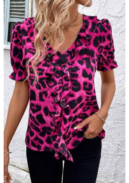 Leopar Desen Önü Fırfırlı Mikro Kumaş Bluz Fuşya