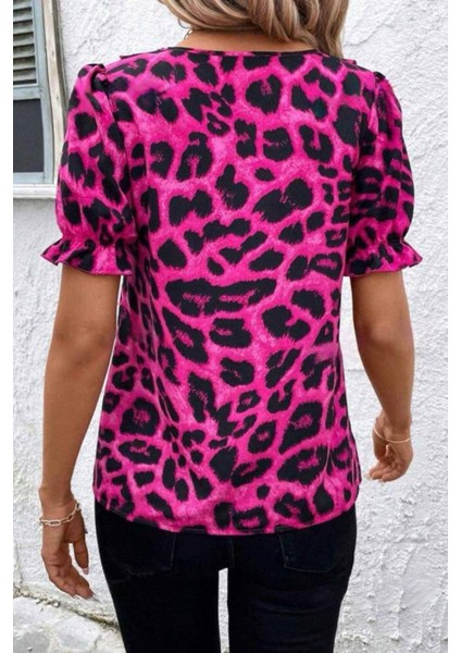 Leopar Desen Önü Fırfırlı Mikro Kumaş Bluz Fuşya fiyatları