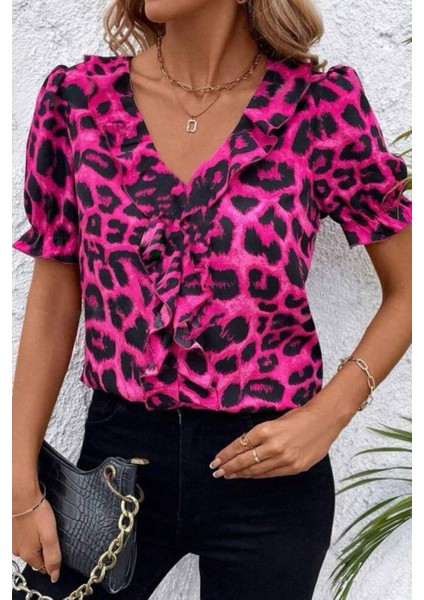 Leopar Desen Önü Fırfırlı Mikro Kumaş Bluz Fuşya modelleri