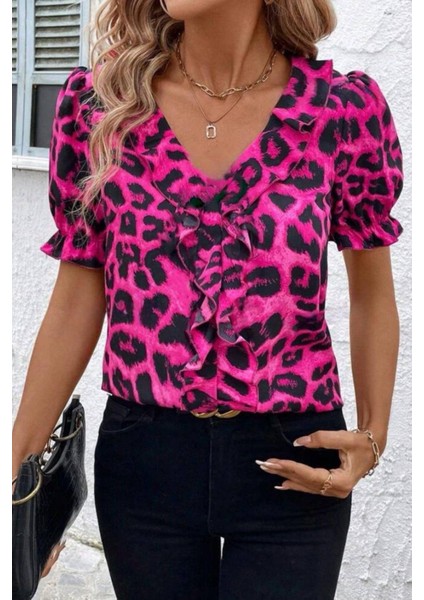 Leopar Desen Önü Fırfırlı Mikro Kumaş Bluz Fuşya fırsatları
