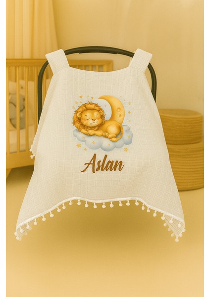 Kişiye Özel Aslan ve Ay Temalı Puset Örtüsü - Bebek Isimli Araba Örtüsü