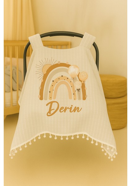 Kişiye Özel Balon ve Gökkuşağı Desenli Bebek Puset Örtüsü – Isim Yazılı, %100 Pamuk