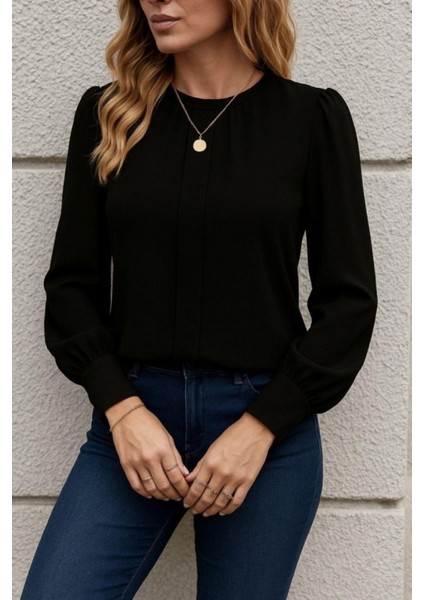 Bisiklet Yaka Pileli Ithal Krep Bluz - Siyah