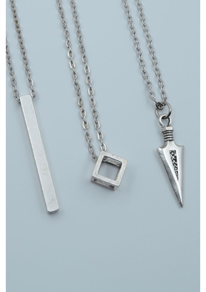 3'lü Çubuk Düz Bar Geometrik Küp Triagel Ok Ucu Gümüş Kaplama Kolye Seti