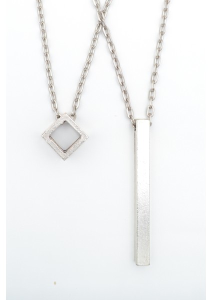 2'li Uzun Çubuk - Küp Gümüş Kaplama Kolye Seti